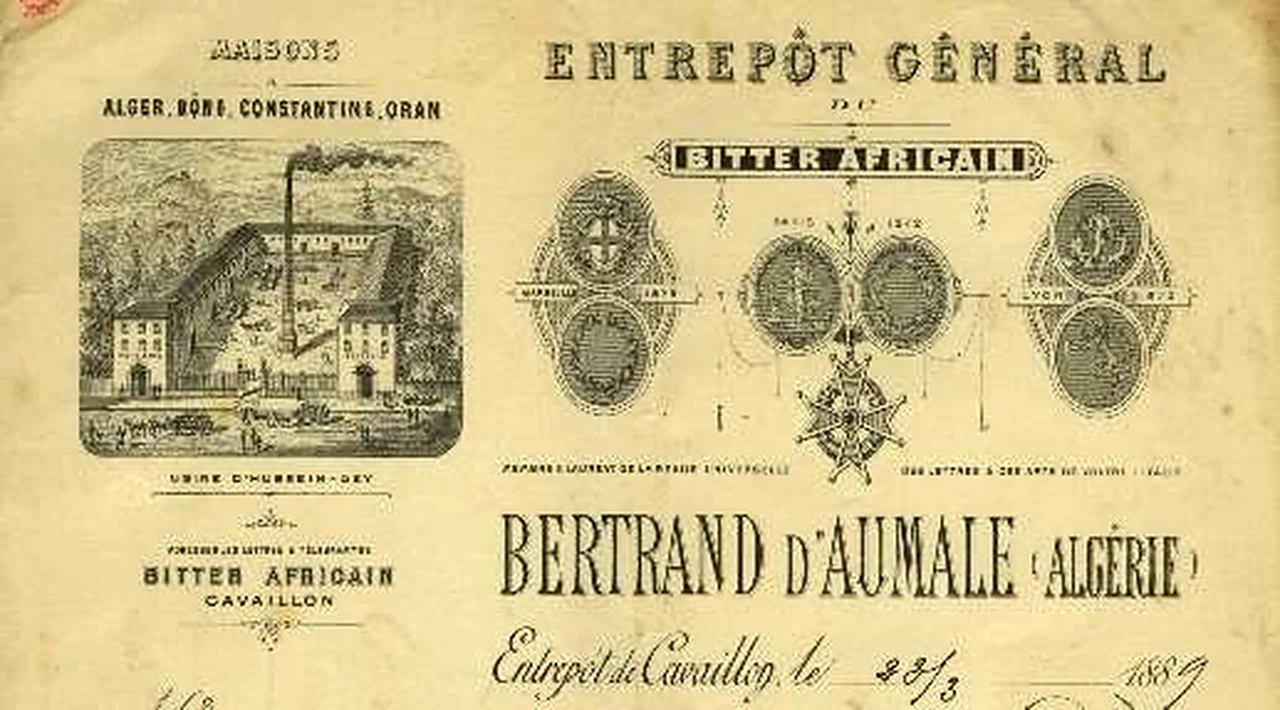 En-tête de facture du Bitter Africain daté de Cavaillon en 1889 : entrepôt général, usine d'Hussein-Dey, maisons d'Alger, Bône, Constantine et Oran, médailles des expositions