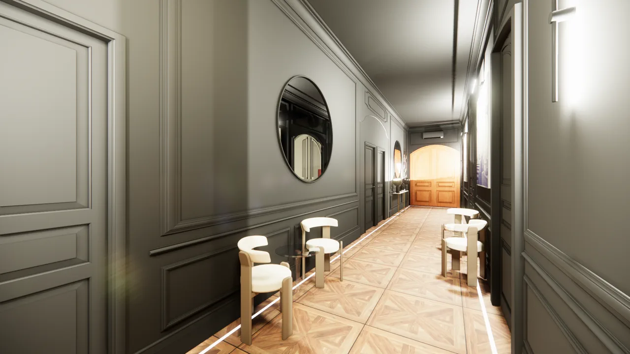 Le couloir-galerie central — parois claires, miroir rond et porte cintrée