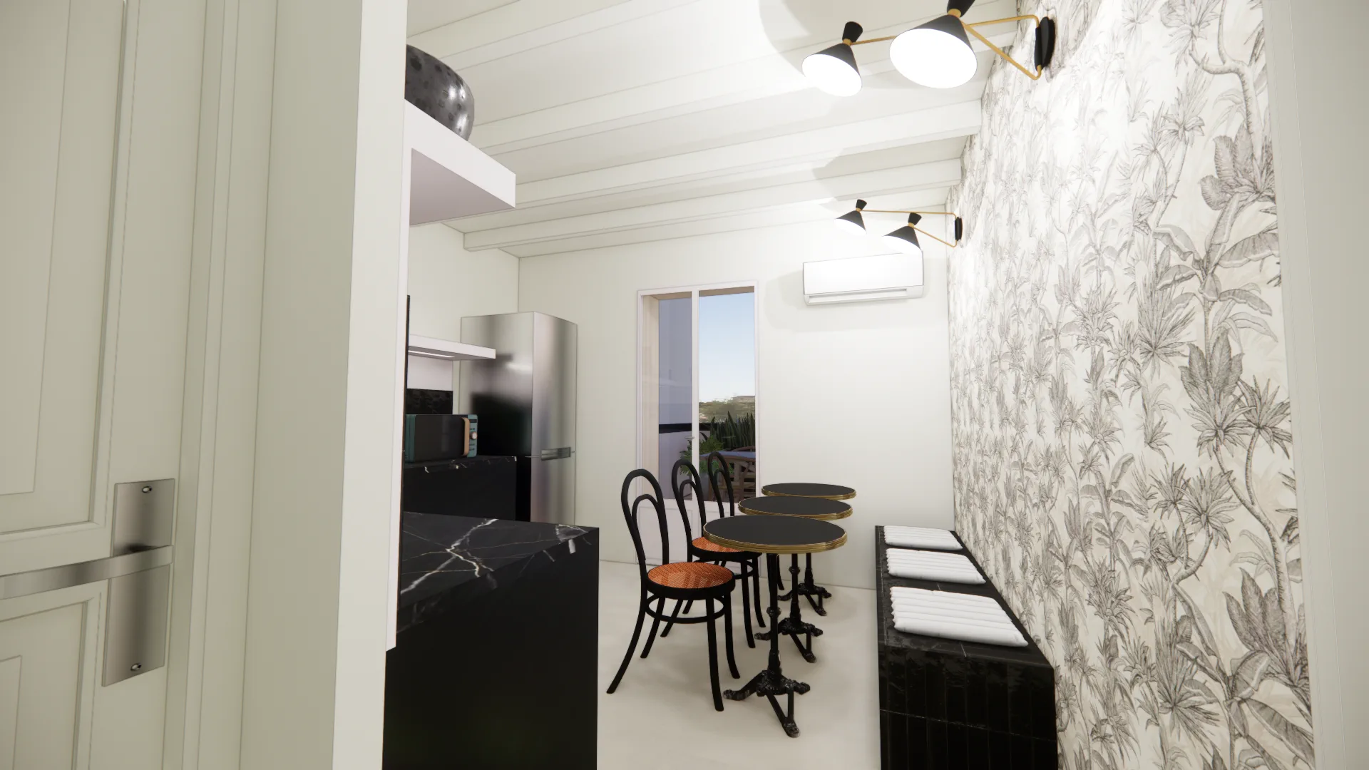 La cuisine commune — papier peint botanique, plan de travail en marbre noir et tables bistrot