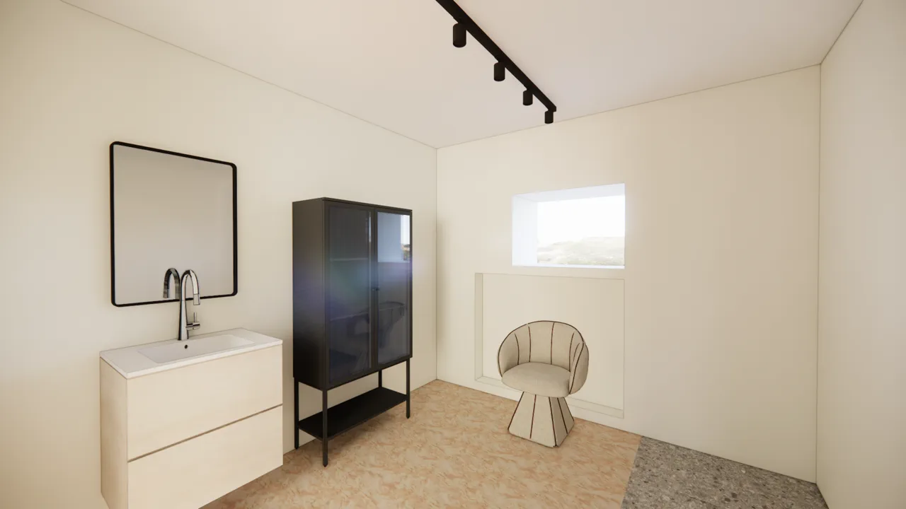 La salle d'eau privative de L'Atelier — vasque, miroir et meuble vitré noir