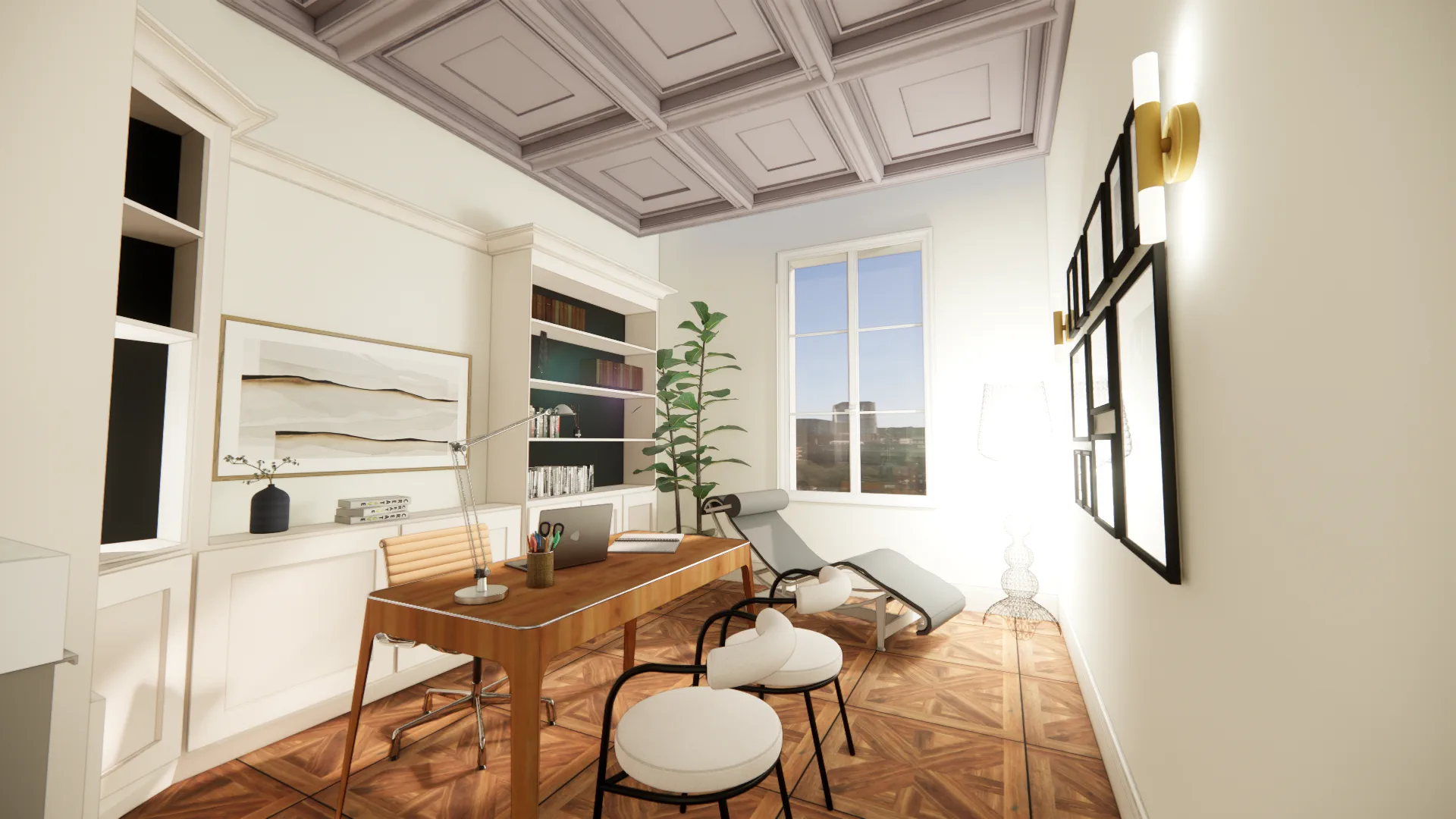 Le Cabinet — plafond à caissons, bureau en bois et bibliothèque