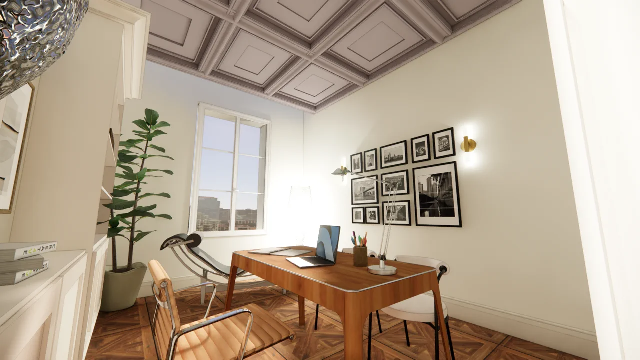 Le Cabinet — bureau face au mur de photographies encadrées