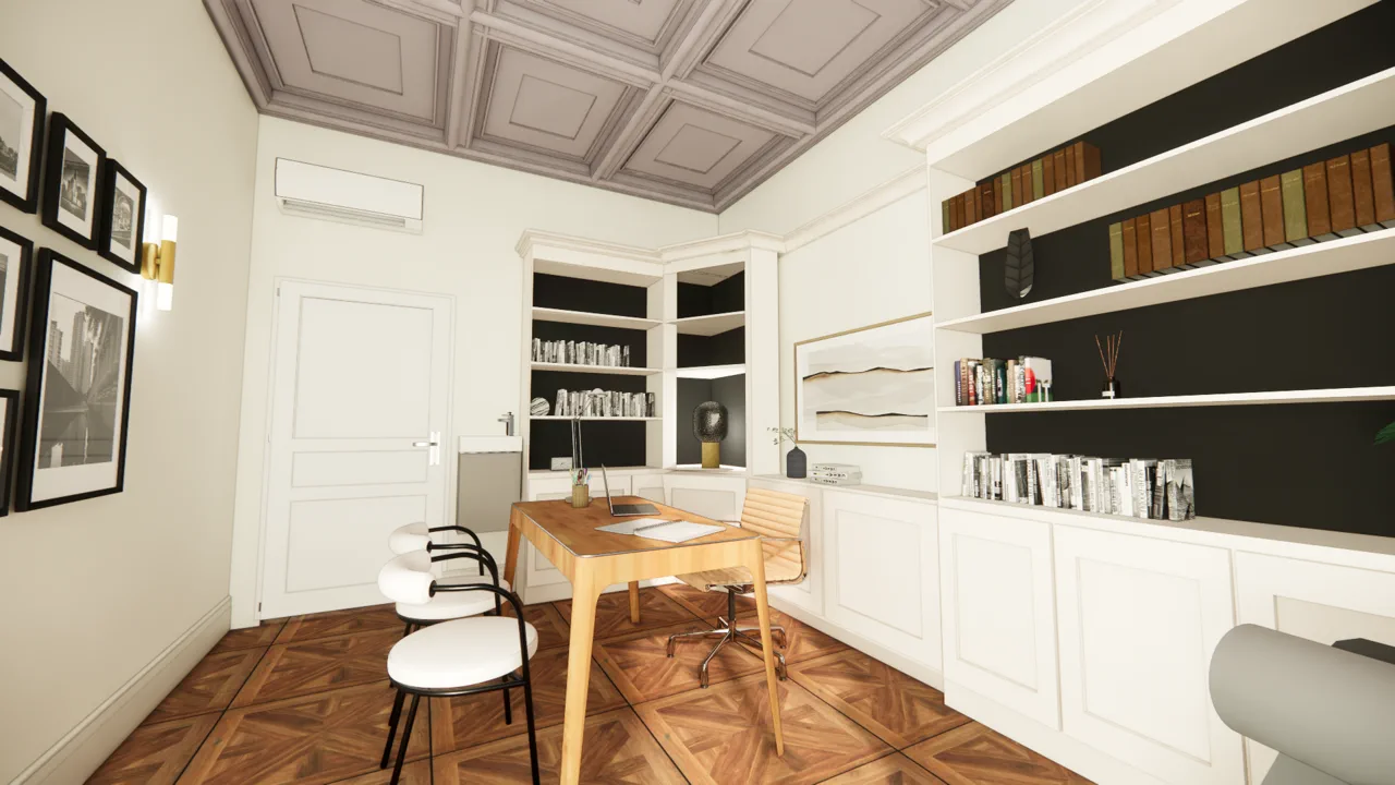 Le Cabinet — bibliothèque vert sombre et bureau en bois clair