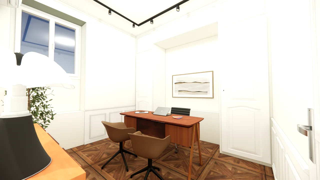 Vue du Cosy — bureau, fauteuils en cuir fauve et buffet en bois