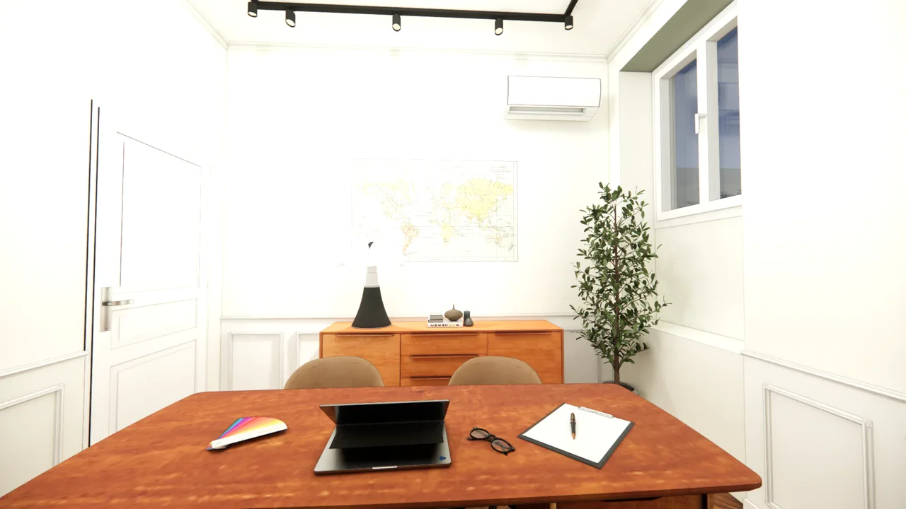 Le Cosy — plan de travail en bois et chaises fauves près de la porte