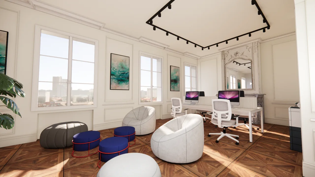 Vue du Salon — postes de travail près des grandes fenêtres sur l'avenue