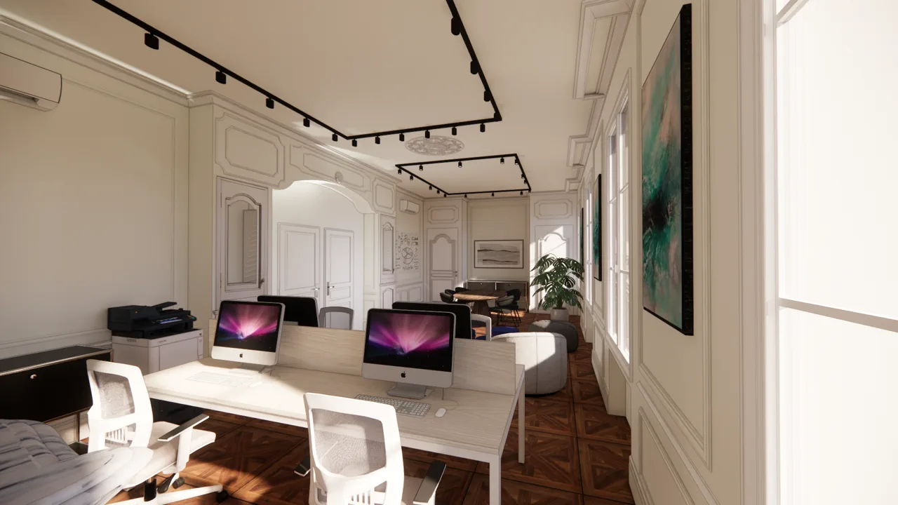 Le Salon en enfilade — bureaux clairs, miroir ancien et moulures