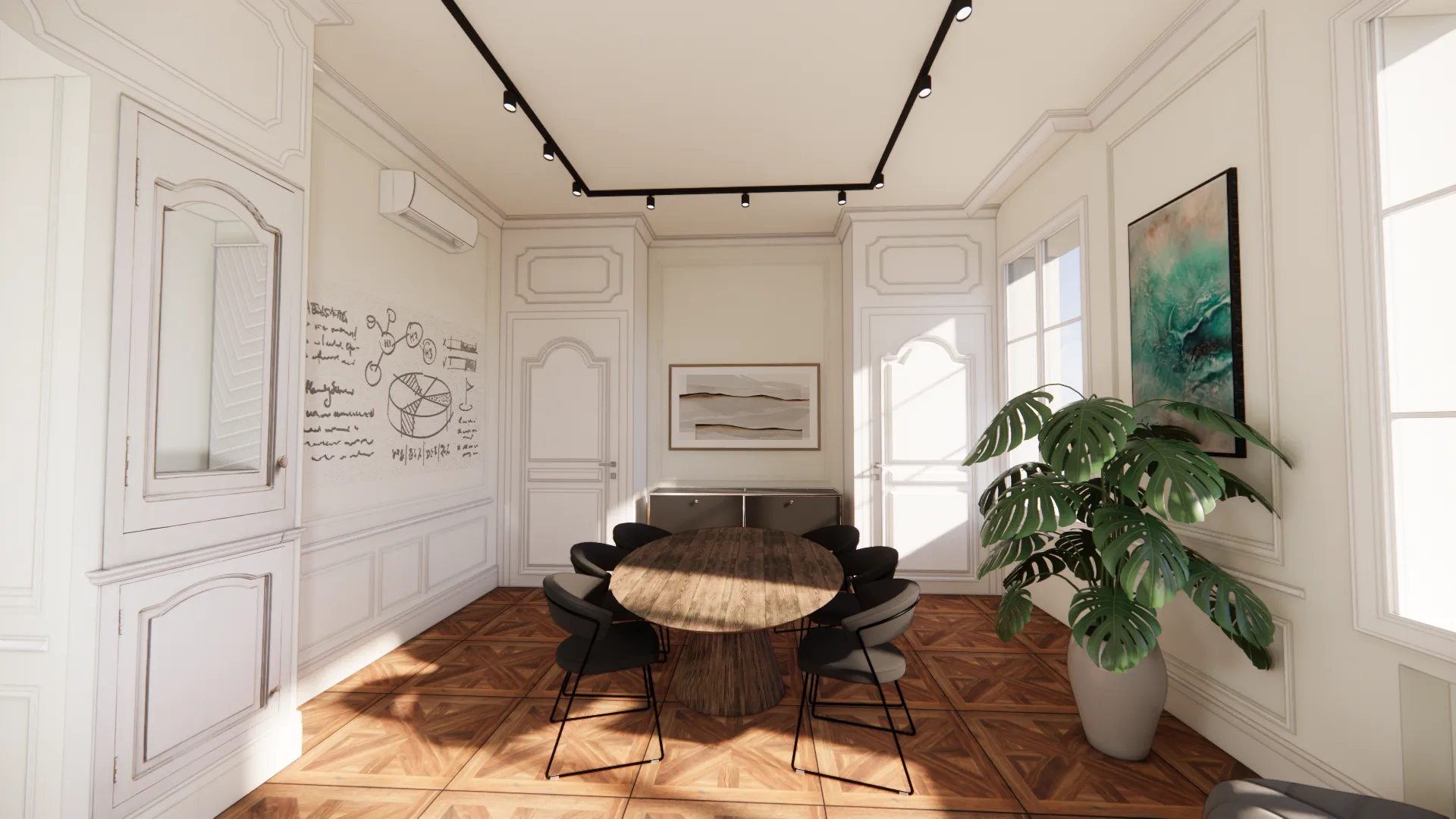 Le Salon — table de réunion ronde et monstera près de la fenêtre