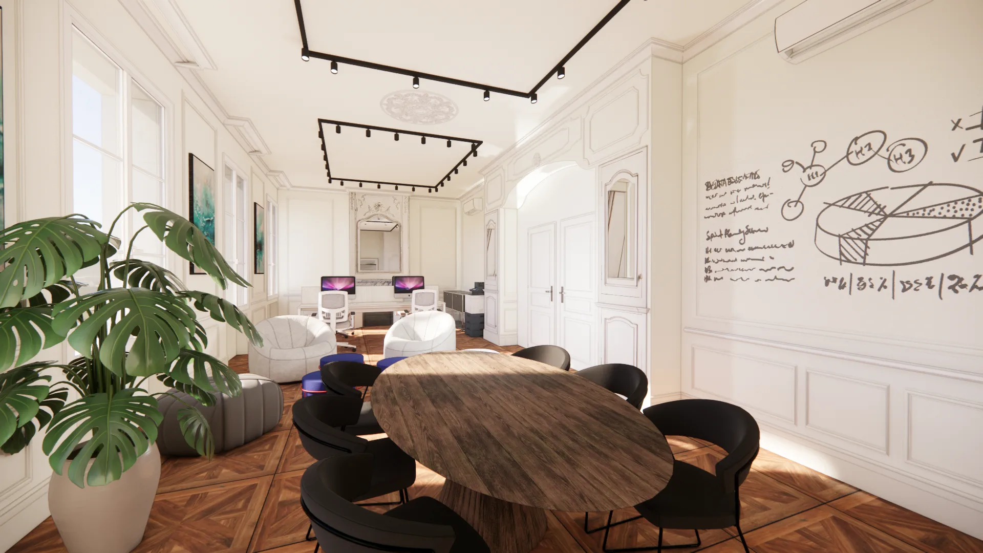 Le Salon — table ovale, coin salon et rosace au plafond